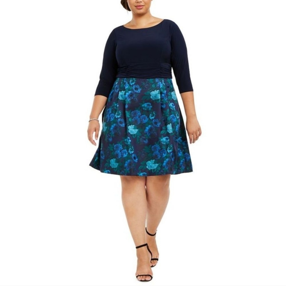 Jessica Howard Fit Flare Jersey Taffeta Dress 20W Navy Blue